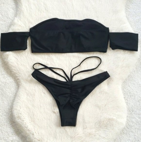 Black Bandeau Off Shoulder Strappy Ruched Back Brazilian Bikini Set Swimsuit - Picture 6 of 6